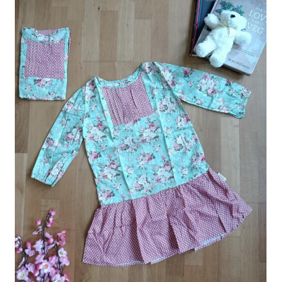 AS2047 - Baju Anak Dress Lengan Panjang Hijau Pink (Ukuran M dan L)
